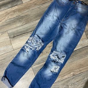 high waisted ripped jeans with cuff bottom